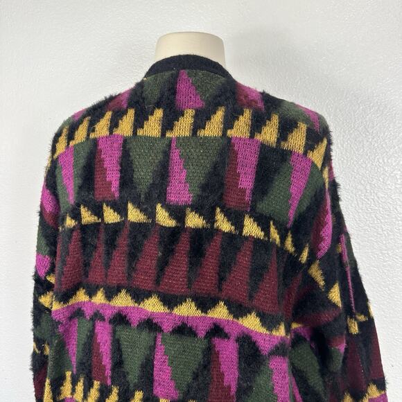 ModCloth Sweater Women 2X Multicolor Geometric Fuzzy Grandpa Boho Long Cardigan - Picture 10 of 15